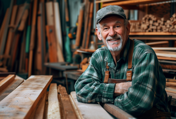 Woodworker Sitting with Lumber
